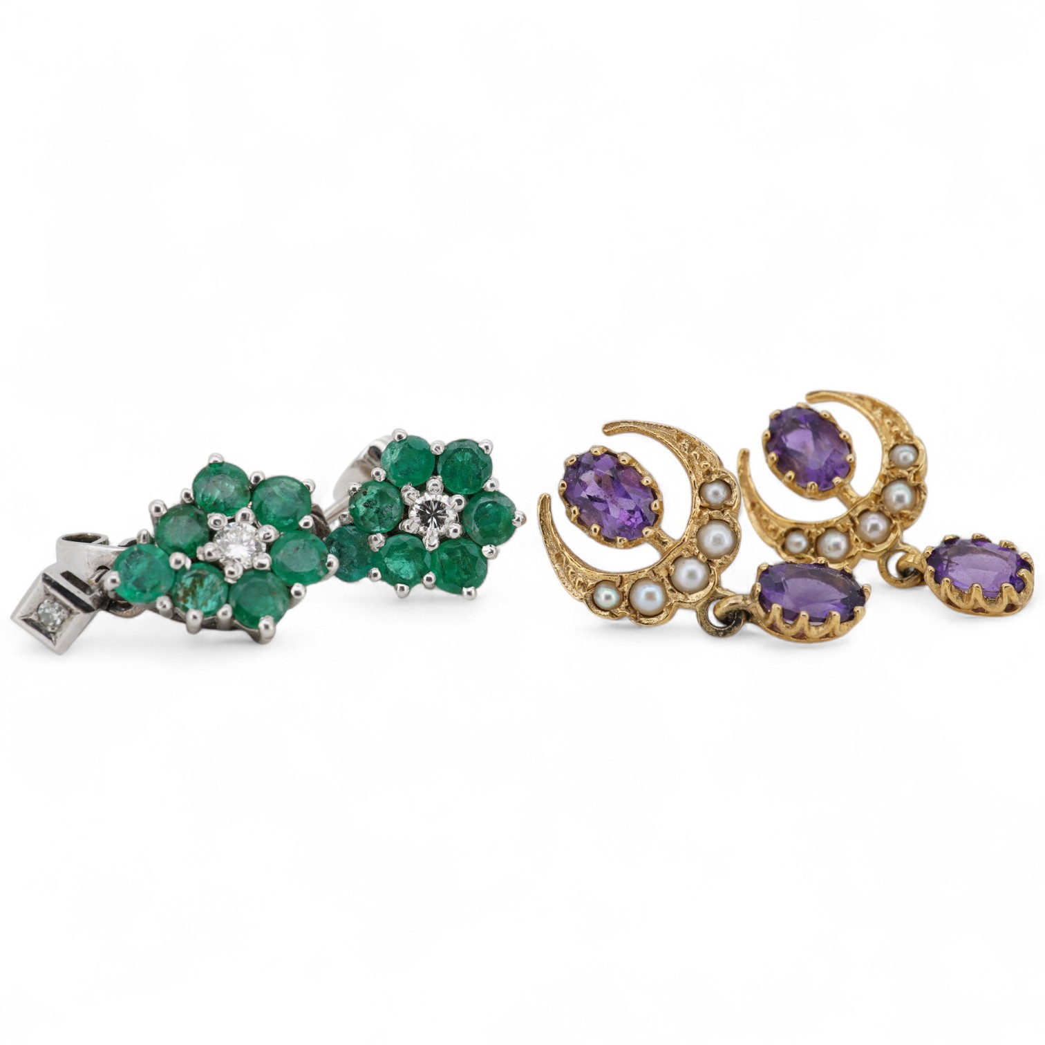 A pair of mid to late 20th century white metal, emerald and diamond cluster set drop earrings, drop 16mm, together with a pair of 9ct gold, amethyst and seed pearl set crescent drop earrings.